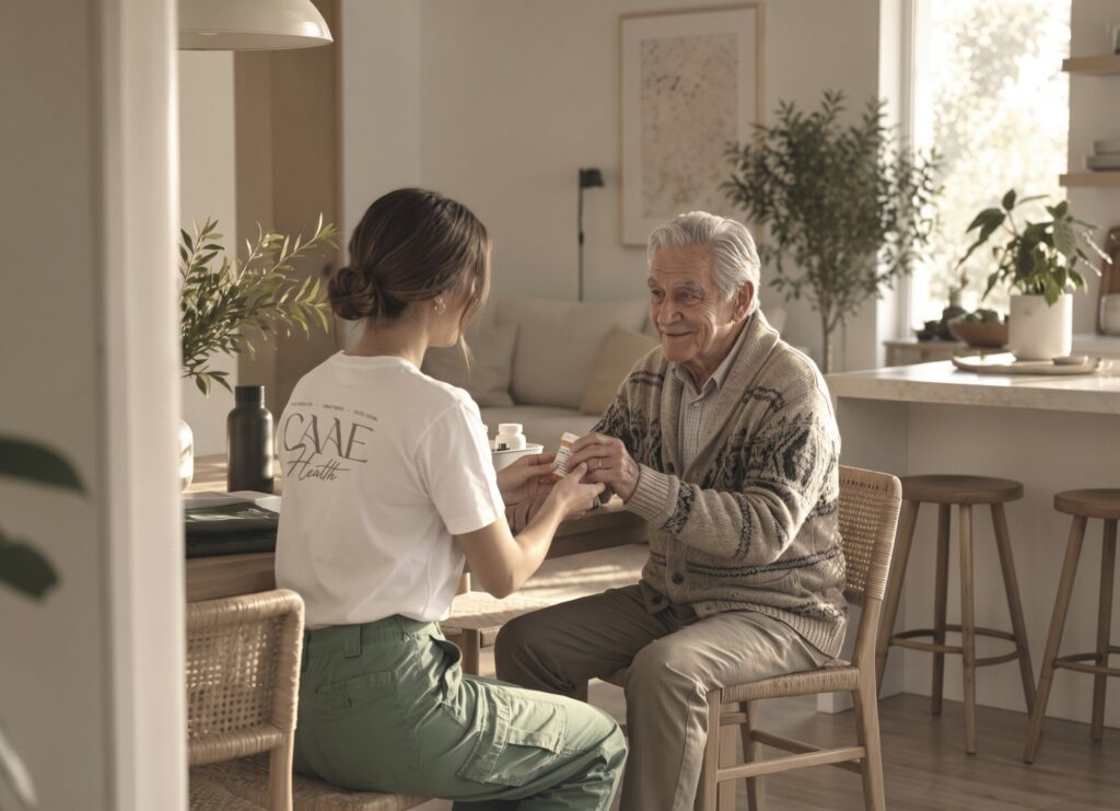 CAAE Health caregiver helping an older man with medication at home
